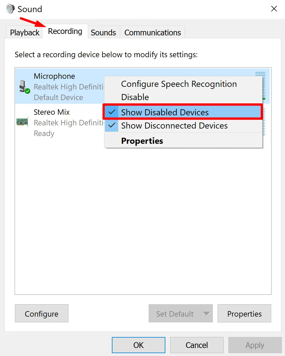 Right-click in the Recording tab's window and choose "Show disabled devices."